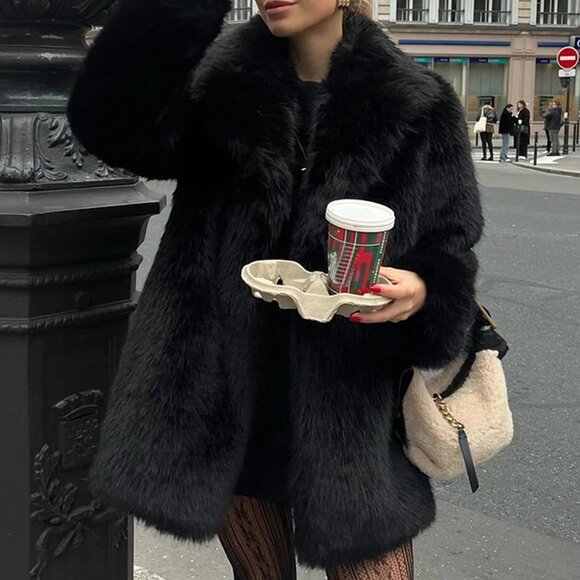 Black Casual Women's Faux Fur Coat - Picture 4 of 9